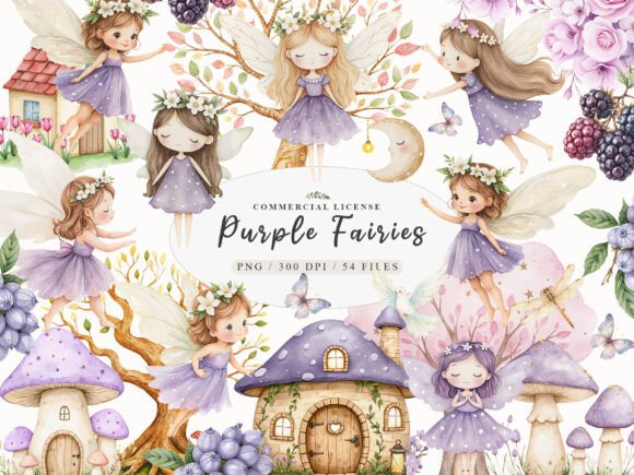 Download Watercolor Magical Garden Purple Fairies - Watercolor Collection