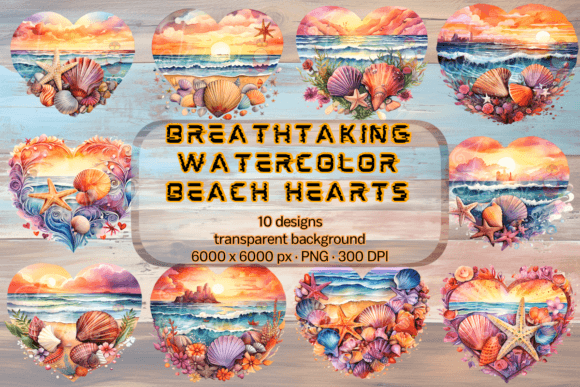 Download Watercolor Heart on Beach Sea PNG Bundle - Watercolor Collection