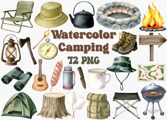Download Watercolor Camping Clipart Set, 72 PNG - Watercolor Collection